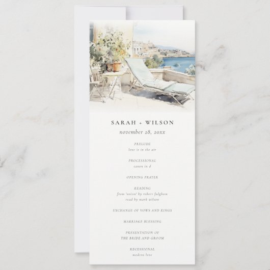 Curfu Griekenland Waterverf Landschap Trouwprogram Kaart (Voorkant)