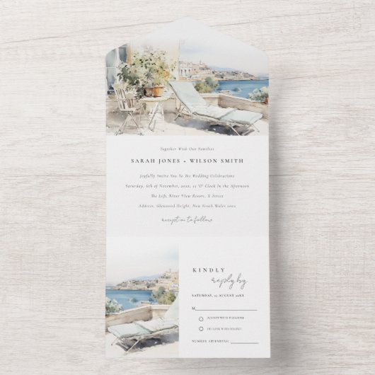 Curfu Griekenland Waterverf Landschap Wedding All In One Uitnodiging (Binnen)