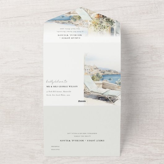 Curfu Griekenland Waterverf Landschap Wedding All In One Uitnodiging (Buitenkant)
