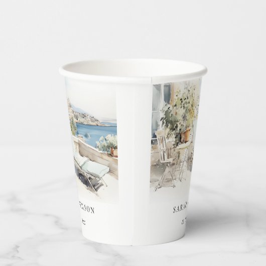 Curfu Griekenland Waterverf Landschap Wedding Papieren Bekers (Rechts)