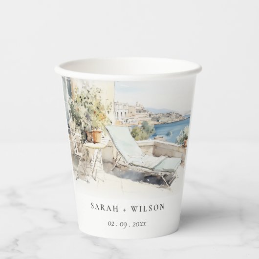 Curfu Griekenland Waterverf Landschap Wedding Papieren Bekers (Voorkant)