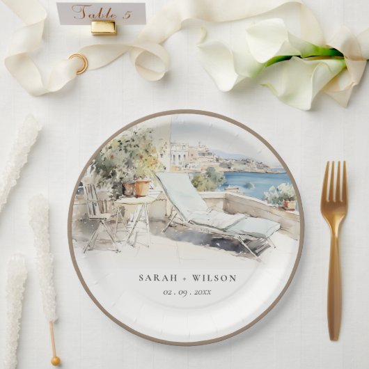 Curfu Griekenland Waterverf Landschap Wedding Papieren Bordje (Huwelijk)