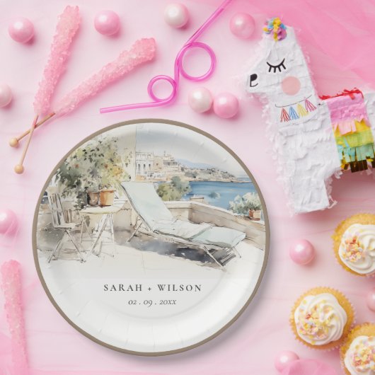 Curfu Griekenland Waterverf Landschap Wedding Papieren Bordje (Feest)