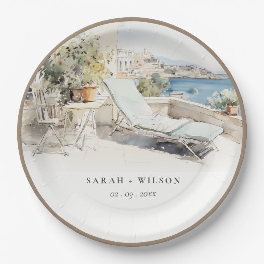 Curfu Griekenland Waterverf Landschap Wedding Papieren Bordje (Voorkant)