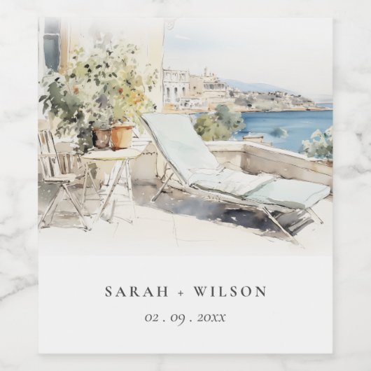 Curfu Griekenland Waterverf Landschap Wedding Wijn Etiket (Enkel label)