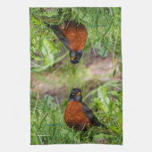 Curieuze Amerikaanse Robin Songbird in de gras Theedoek (Verticaal)