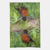 Curieuze Amerikaanse Robin Songbird in de gras Theedoek (Verticaal)