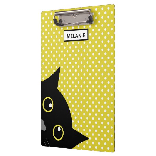 Curieuze zwarte kat gele wandelwand gepersonalisee klembord (Links)