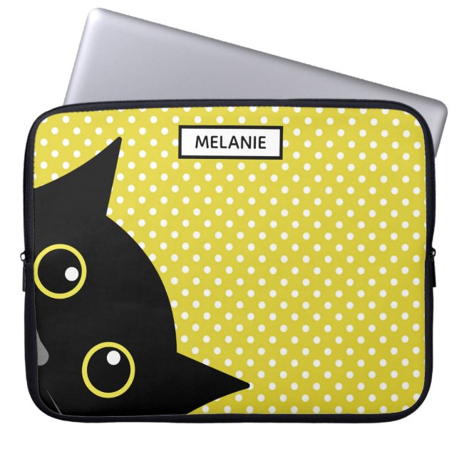 Curieuze zwarte kat gele wandelwand gepersonalisee laptop sleeve (Voorkant)