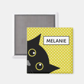 Curieuze zwarte kat gele wandelwand gepersonalisee magneet (Voorkant / Achterkant)