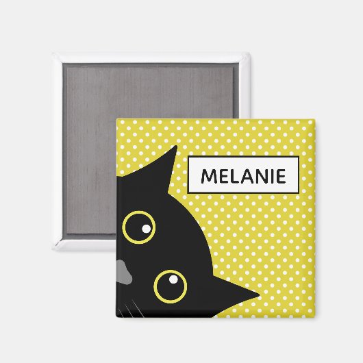 Curieuze zwarte kat gele wandelwand gepersonalisee magneet (Voorkant / Achterkant)