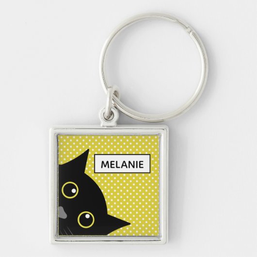 Curieuze zwarte kat gele wandelwand gepersonalisee sleutelhanger (Voorkant)