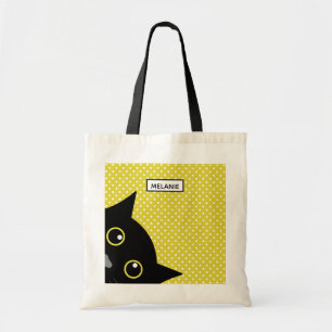 Curieuze zwarte kat gele wandelwand gepersonalisee tote bag