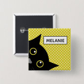 Curieuze zwarte kat gele wandelwand gepersonalisee vierkante button 5,1 cm (Voorkant /achterkant)