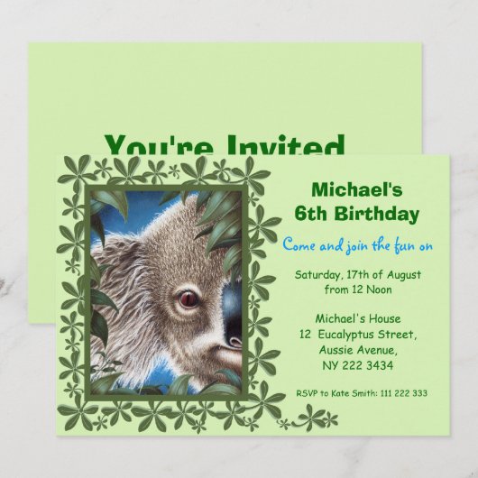 Curios Koala Kids Birthday Party Kaart (Voorkant / Achterkant)