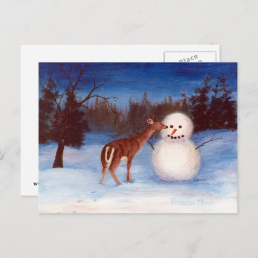Curiosity Deer en Snowman Briefkaart (Voorkant / Achterkant)