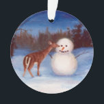 Curiosity Deer en Snowman Ornament<br><div class="desc">Van een origineel Brenda Thour acrylschilderij van een hert dat nieuwsgierig is naar die sneeuwpoppetje dat met roet ruikt. Copyright Brenda Thour 2003.</div>