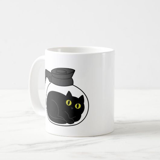 Curious Black Cat in Coffee Pot Mug Koffiemok (Voorkant links)