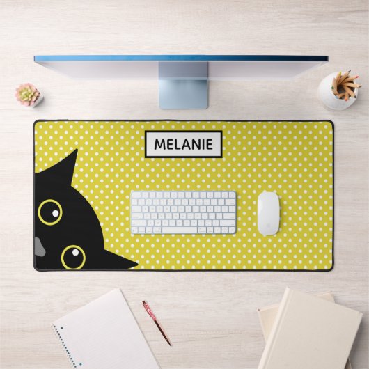 Curious Black Cat Yellow Polka Dot Personalised Bureaumat (Kantoor 1)