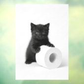 Curious Black Kitten Guarding Toilet Paper Roll On Raamsticker (Vel 3)