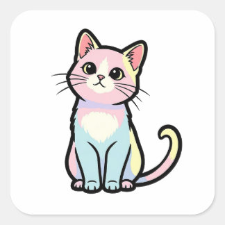 Curious Cat – Cute Kawaii Animal Illustration Vierkante Sticker