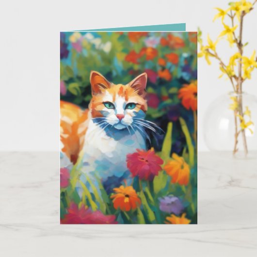 Curious Cat In the Garden Greetings Card Kaart (Gele Bloem)