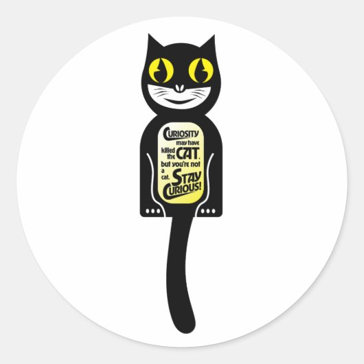 Curious Cat Zwart Geel Ronde Sticker (Voorkant)