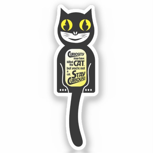 Curious Cat Zwart Geel Sticker (Voorkant)