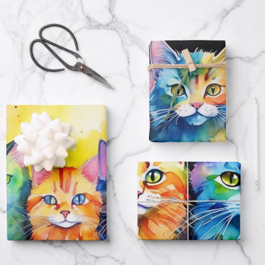 Curious Cats met Sunset Waterverf Achtergrond Inpakpapier Vel (Voorkant)