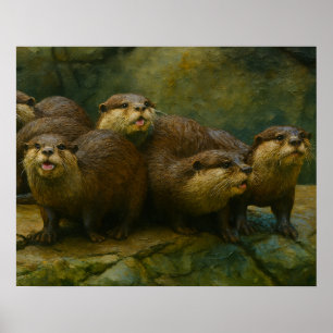Curious Company – Otter Family On The Rocks beroem Poster