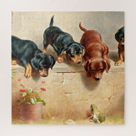 Curious Dachshund Puppies and a Frog, painting Legpuzzel