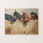 Curious Dachshund Puppies | Carl Reichert Legpuzzel<br><div class="desc">Curious dachshund puppies and a frog | Carl Reichert’s charming painting Curious Dachshund Puppies and a Frog captures a playful moment, where four adorable dachshund puppies curiously gather around a small frog. The detailed depiction of the puppies’ expressive faces and lively postures, paired with the serene natural setting, creates a...</div>