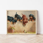 Curious Dachshund Puppies | Carl Reichert Poster<br><div class="desc">Curious dachshund puppies and a frog | Carl Reichert’s charming painting Curious Dachshund Puppies and a Frog captures a playful moment, where four adorable dachshund puppies curiously gather around a small frog. The detailed depiction of the puppies’ expressive faces and lively postures, paired with the serene natural setting, creates a...</div>