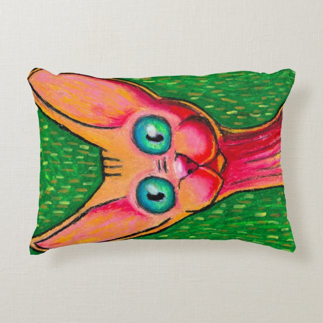 Curious Hairless Cat, Oil Pastel on Green Pattern Accent Kussen (Voorkant)
