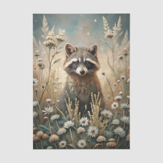 Curious Raccoon in a Forest Meadow with Flowers Tissuepapier (Voorkant)