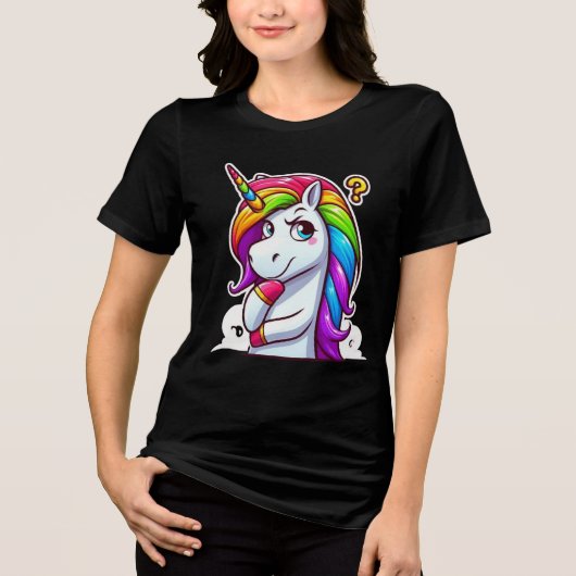 Curious Rainbow Unicorn Thinking Tri-Blend Shirt (Voorkant)
