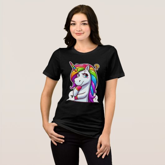 Curious Rainbow Unicorn Thinking Tri-Blend Shirt (Voorkant volledig)