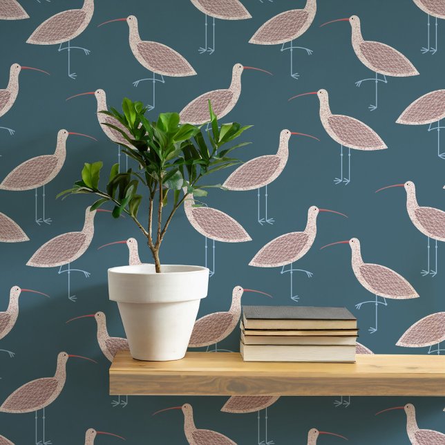 Curlew Bird Coastal Pattern Behang (Curlew coastal bird teal green art peel and stick wallpaper)