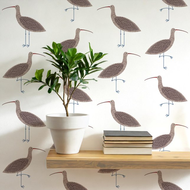 Curlew Bird Coastal Pattern Behang (Curlew coastal bird art peel and stick wallpaper)
