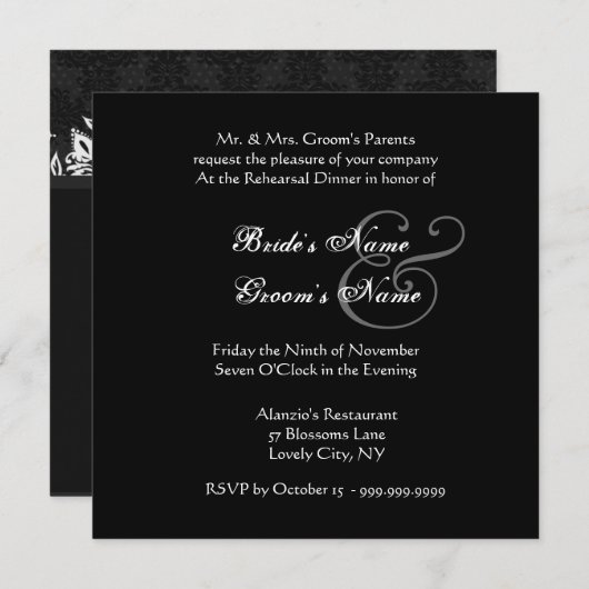 Curlicue Black and White Wedding Rehearsal Dinner Kaart (Voorkant / Achterkant)