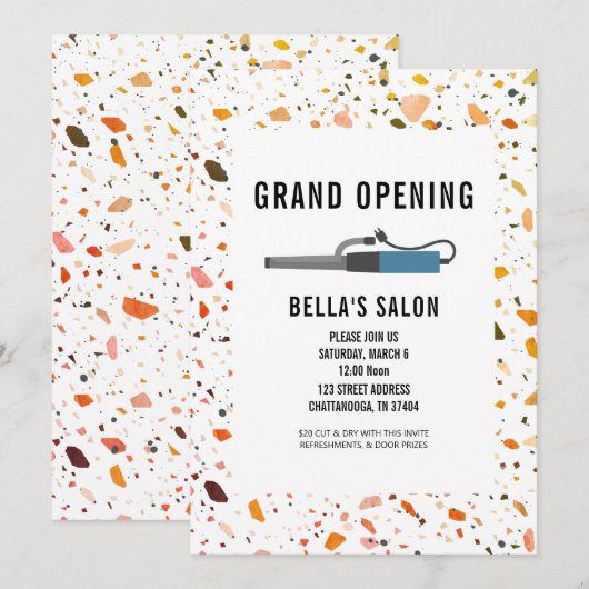 Curling Iron Terrazzo Salon Openen Kaart (Voorkant / Achterkant)