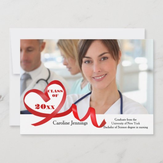 Curling Ribbon Heart Photo Afstuderen Invitation Kaart (Voorkant)