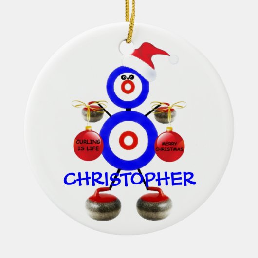 Curling speler kerst keramisch ornament (Voorkant)
