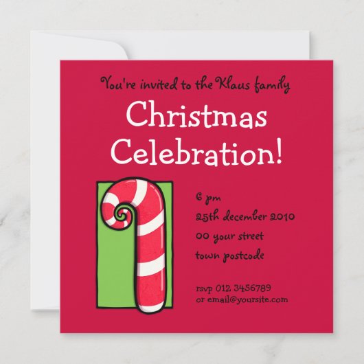 Curly Candy Cane red Kerstparty uitnodiging (Voorkant)