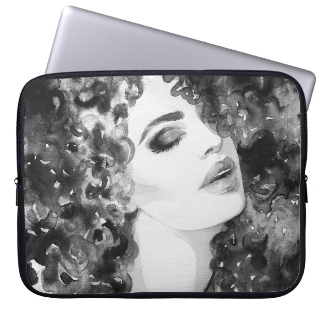 Curly Grace: Mode Waterverf Beauty Laptop Sleeve (Voorkant)