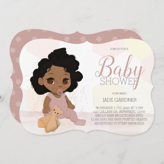 Curly Hair Baby shower Invite – Bruine Huidtoon Kaart (Voorkant / Achterkant)
