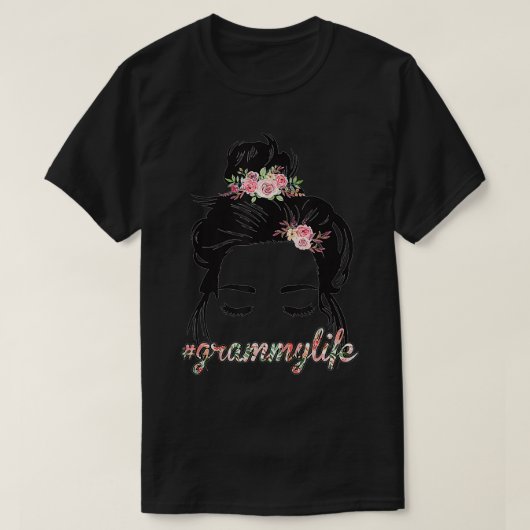 Curly Hair Messy Bun Flowers Grammy Life T-shirt (Design voorkant)