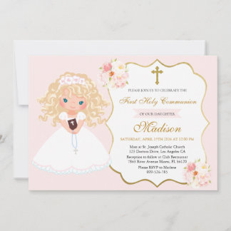 Curly haired Girl First Communion Soft Pink floral Kaart
