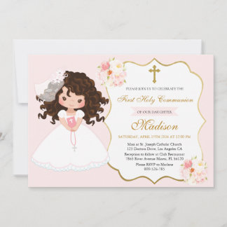 Curly haired Girl First Communion Soft Pink Kaart