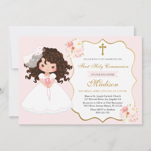 Curly haired Girl First Communion Soft Pink Kaart (Voorkant)